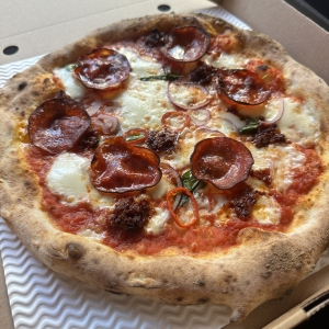 Diavola (the Devil!) with spicy Calabrian nduja, pepperoni, chorizo, and fresh chillies